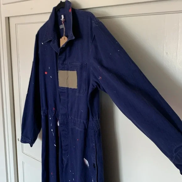 Artist coveralls, jumpsuit, patches and paint, drawstring bottoms, button up